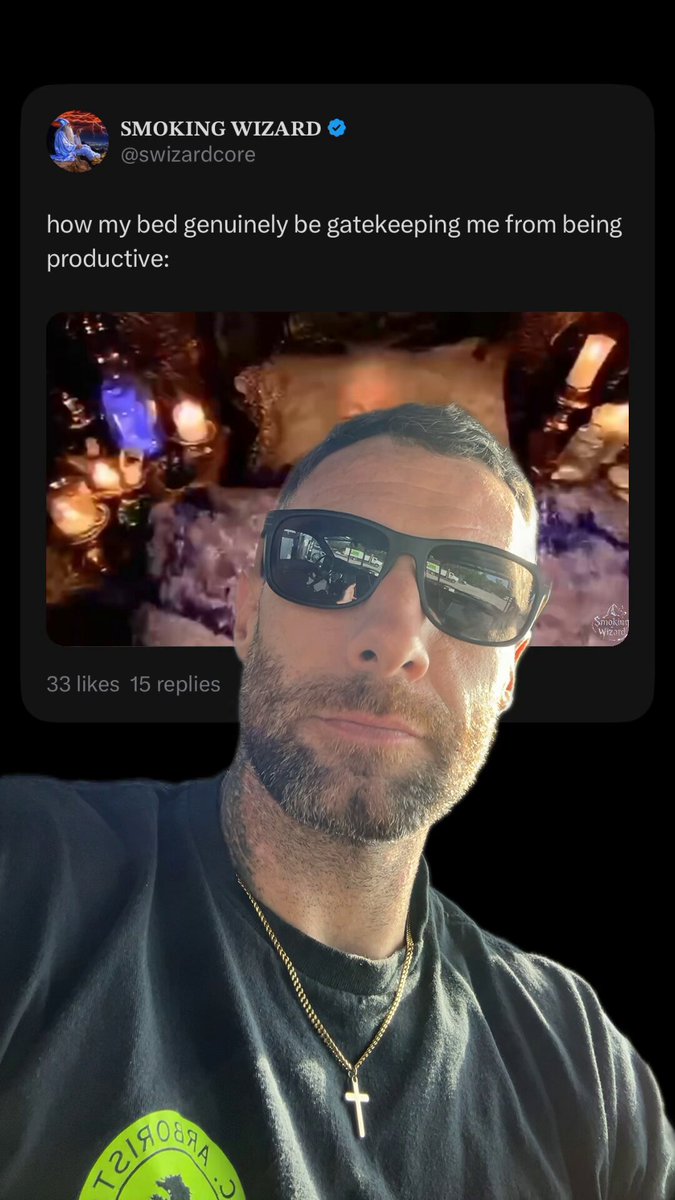 The image features a man wearing sunglasses, a black t-shirt with a green logo, and a cross necklace around his neck. He has a beard and appears to be posing for a photo or a tweet. The caption of the image reads "Bullish on the $WIZARD". This suggests that the man is expressing his opinion about something related to the post by wearing sunglasses and using a humorous tone in his response, possibly referring to the post as "Bullish on the $WIZARD" due to its wording or context.