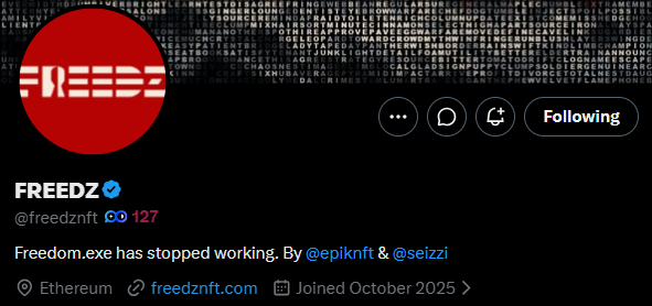 An X (formerly Twitter) profile page for 'FREEDZ' (@freedznft) with a red logo, displaying the bio 'Freedom.exe has stopped working. By @epiknft & @seizzi' and showing it is based on Ethereum.