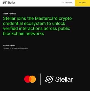 The image features a black background with white text that reads "Press Release joins the Mastercard crypto credential ecosystem to Unlock Verified interactions across public blockchain networks". The text is written in a green font, which stands out against the black background. There are two red circles on either side of the text, and an orange circle at the bottom right corner. These elements create a visually appealing layout that highlights the content of the post.