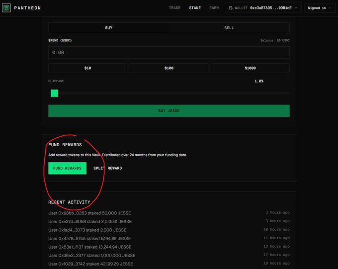 A screenshot of the 'PANTHEON' cryptocurrency platform interface, showing a 'BUY JESSE' section and a hand-drawn red circle highlighting the 'FUND REWARDS' button, along with recent staking activity.
