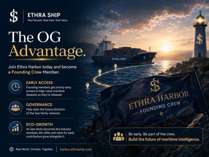 An advertisement for 'ETHRA SHIP' and 'Ethra Harbor' titled 'The OG Advantage,' promoting 'Founding Crew' membership with early access, governance, and eco-growth benefits at harbor.ethraship.com.