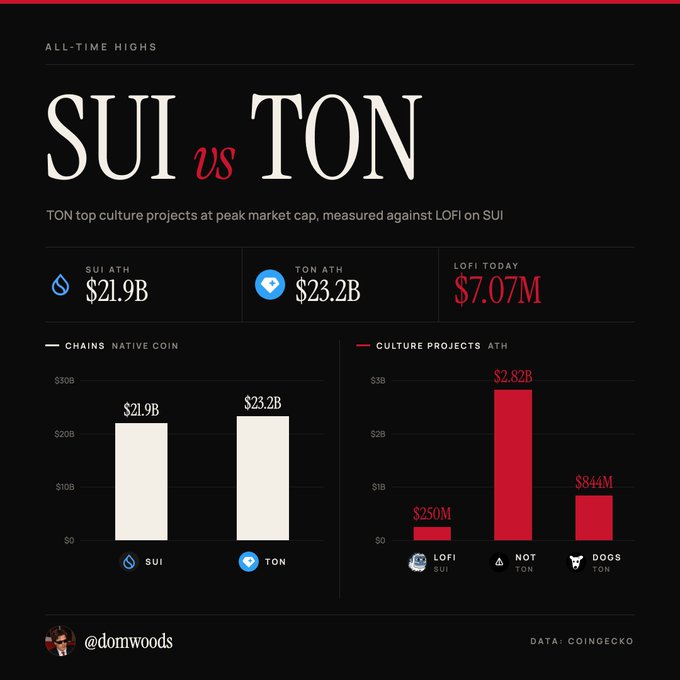 An infographic by @domwoods compares the all-time highs of Sui and TON at $21.9B and $23.2B respectively, highlighting that despite similar chain valuations, their leading culture projects diverged significantly—$NOT on TON peaked at $2.82B, $DOGS on TON at $844M, and $LOFI on SUI at $250M.