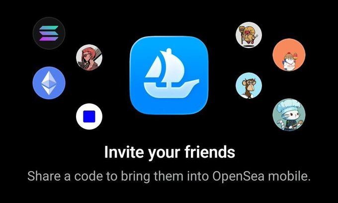 An OpenSea promotional graphic with a blue sailing ship logo, surrounded by various NFT icons, with text reading "Invite your friends - Share a code to bring them into OpenSea mobile."
