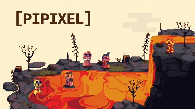 A pixel art scene titled "[PIPIXEL]" in the upper left corner depicts a lava-filled landscape with small characters navigating rocky terrain, barren trees, and flowing magma, aligning with the post's tagline "Only Pipixel" to promote the NFT project.