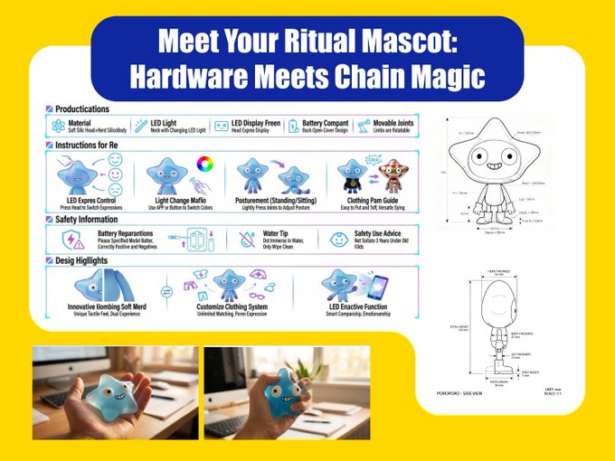 The image features a poster or flyer for a mascot that talks about hardware meets chain magic, with a person holding up a blue toy mascot as an example of this concept. The poster also includes instructions and diagrams related to the hardware and software components involved in the chain magic process.
