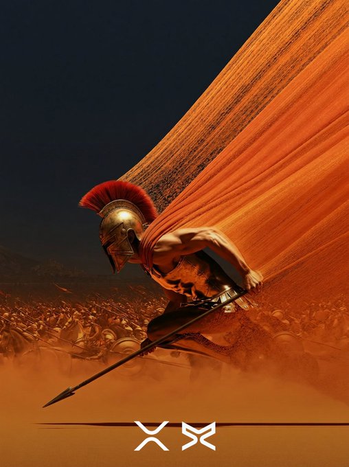 A dramatic digital artwork depicting a Spartan warrior in a red-plumed helmet gripping a flowing orange cape, wielding a spear amid a dusty battlefield, with an X-style logo at the bottom.