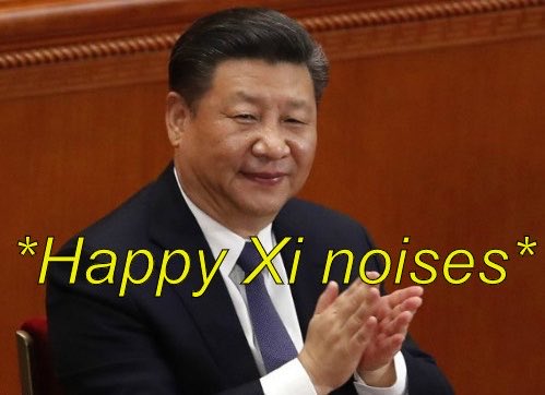 The image features a man wearing a suit and tie sitting down while clapping his hands together. The text "Happy XI noisy" is written above him, which appears to be a humorous or satirical statement about the current political climate. The caption also includes an identifier for the image, GPT5.2 Easily Opus 4.6/ GPT 5.4 tier.