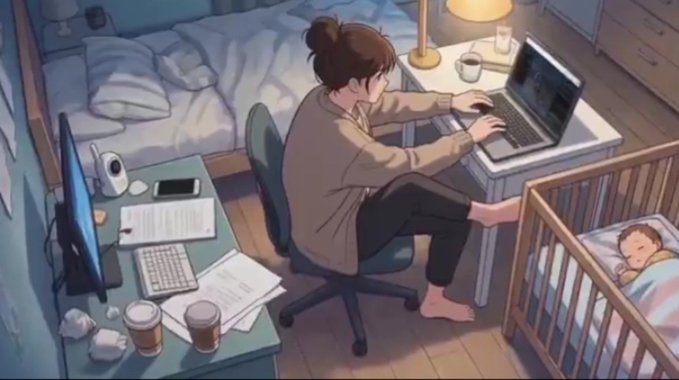 An anime-style illustration of a woman with a bun sitting at a desk working on a laptop, while her baby sleeps in a crib nearby; coffee cups and papers clutter the desk.