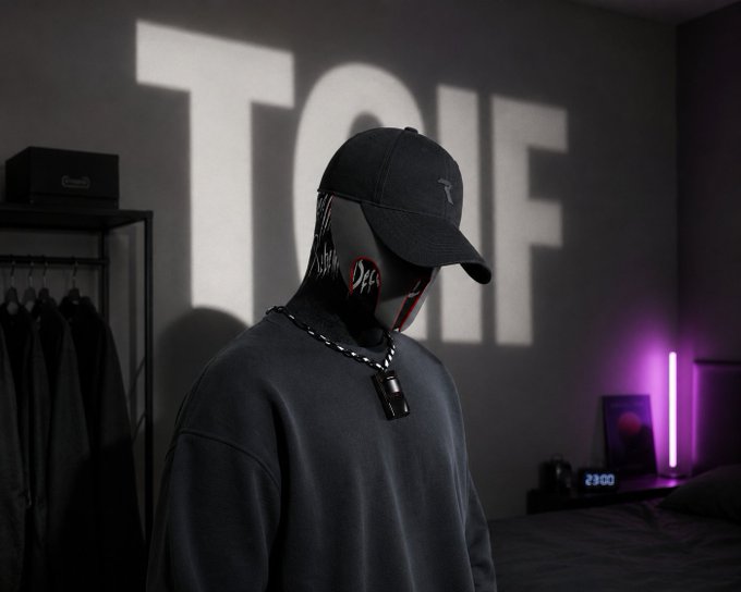 A person wearing a black cap, a mask with red lip designs, and a silver padlock necklace stands in a dark room with 'TOIF' projected on the wall behind them and purple ambient lighting.