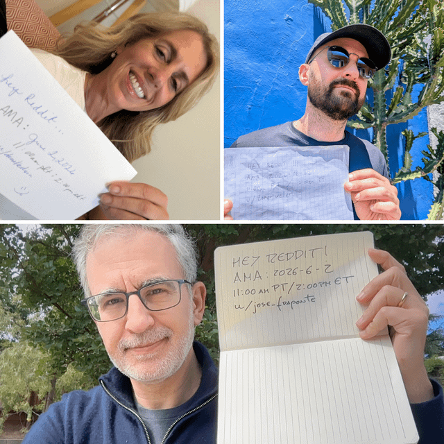 The image shows a collage of three photos featuring two people holding up papers with writing on them. The first person has a paper titled "Stellar AMA" written on it, while the second person's paper reads "Au J'aime". The third photo is a close-up of another person holding a piece of paper that says "Huf!" in white text against a blue background. The collage appears to be related to a post about social media and its impact on people's lives, as indicated by the writing on the papers.