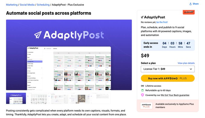 A webpage screenshot for 'AdaptlyPost' on AppSumo, advertising social media scheduling software with a 'License Tier 1: $49' deal.