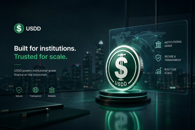 Marketing banner for USDD cryptocurrency with tagline 'Built for institutions. Trusted for scale.' showing a digital USDD coin display against a cityscape backdrop, with features listed as 'Institutional Grade,' 'Secure & Transparent,' and 'Built for Scale.'