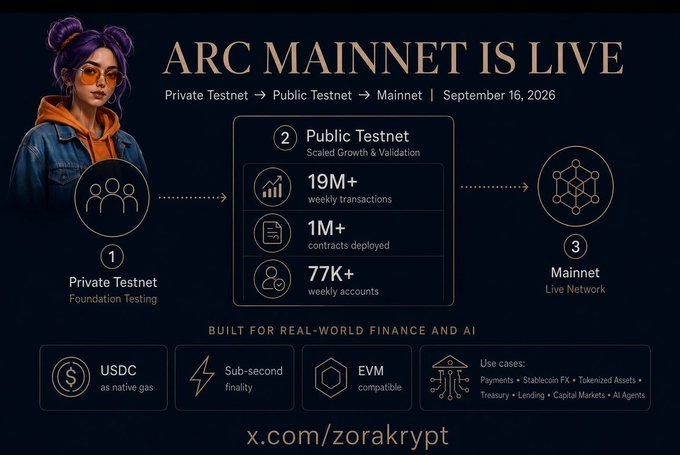 Promotional graphic titled 'ARC MAINNET IS LIVE' showing a progression from Private Testnet to Public Testnet (19M+ weekly transactions, 1M+ contracts, 77K+ accounts) to Mainnet, with features including USDC as native gas, sub-second finality, and EVM compatibility.