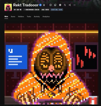 A pixel art image displayed on a Rarible profile page shows the verified NFT collection "Rekt Trad000r" by @rektguy, priced at 0.02E, featuring a hooded pixel character in orange. This corresponds to the post highlighting the "Rektdooor" mint by @rektguy with a supply of 10,000 on the Robinhood chain.