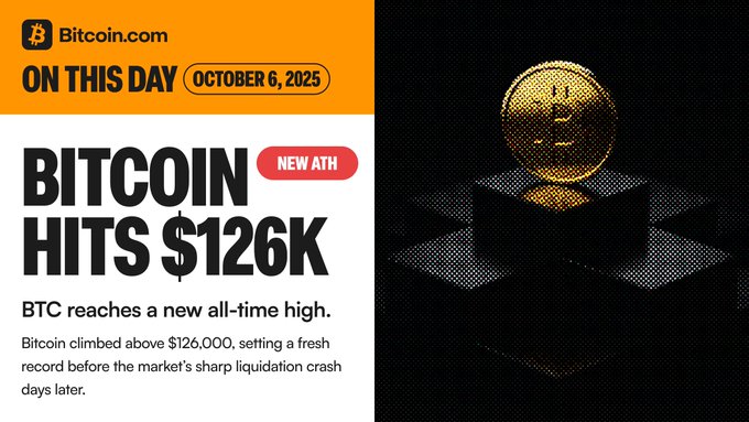 A promotional graphic from Bitcoin.com titled 'ON THIS DAY OCTOBER 6, 2025' with the headline 'BITCOIN HITS $126K NEW ATH' and text explaining that BTC reached a new all-time high before a market crash.
