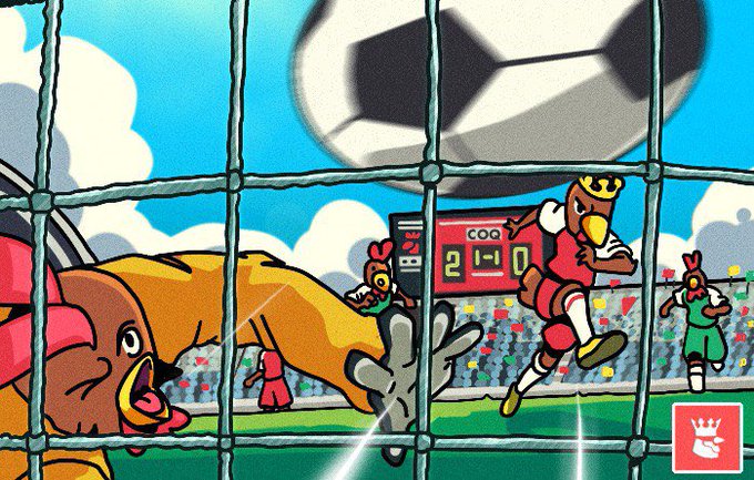 The image shows a cartoon-style soccer game with a ball flying into the goal as a dog goalie dives for a save, with a scoreboard reading "COQ 2-0" and the FIFA World Cup reference alongside the $COQ crypto ticker in the post highlighting the token's playful "hat trick" branding.