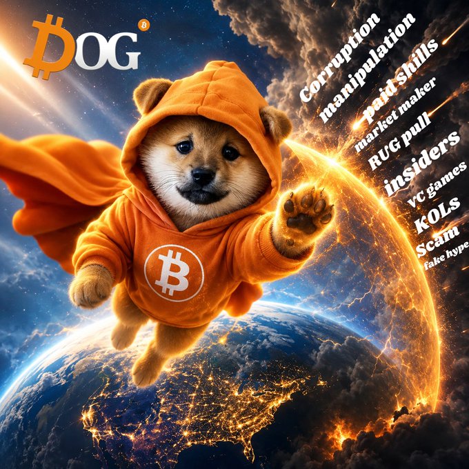 The image features a brown dog wearing an orange hoodie, flying through space with the Earth below him. The caption reads "Be protected. Be $DOG". This message seems to be related to Bitcoin or cryptocurrency, as indicated by the title of the post.