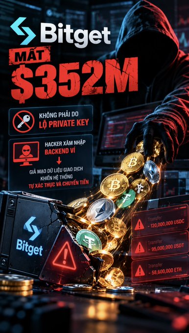 A dramatic graphic about the Bitget exchange, with Vietnamese text indicating a loss of $352M due to a private key compromise, showing a hooded figure and stolen cryptocurrency transfers.