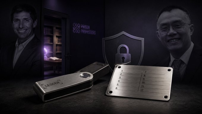 A promotional image featuring two men, a Ledger hardware wallet, a metal seed phrase backup plate, and a shield with padlock symbol, with text 'PARSIUM PROFESSORS' in the background.