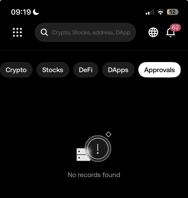 A dark-themed mobile app screenshot showing tabs for Crypto, Stocks, DeFi, DApps, and Approvals, with a 'No records found' message displayed in the center.