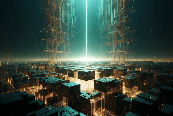 A futuristic digital art piece depicting a cyberpunk cityscape with glowing teal and gold circuitry, featuring a bright vertical light beam rising from a central structure.