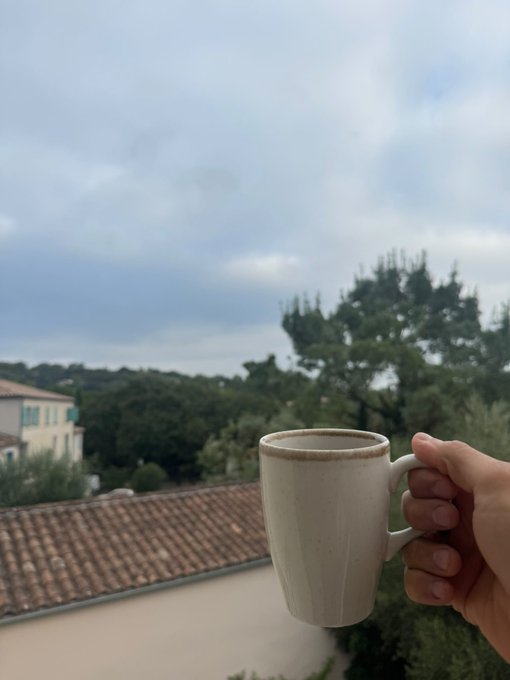 A hand holding a speckled ceramic mug against a scenic backdrop of trees, rooftops, and a cloudy sky, possibly during a morning coffee moment.