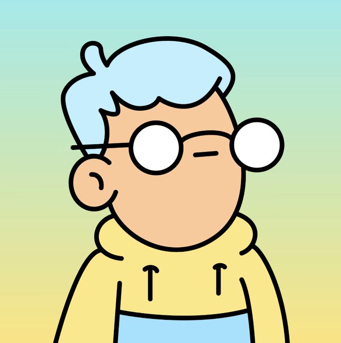 A cartoon character with light blue hair, round white glasses, and a yellow hoodie against a gradient blue and yellow background, reminiscent of the signature style of the Doodles NFT collection. The post playfully references being a Doodles fan, with the image's colorful, minimalist aesthetic matching the collection's iconic look.