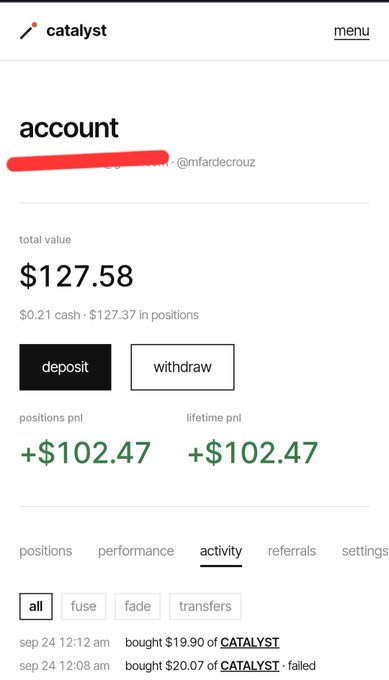 A mobile screenshot of a Catalyst exchange account dashboard showing a total value of $127.58, with $0.21 cash and $127.37 in positions, displaying positions PNL of +$102.47 and lifetime PNL of +$102.47.