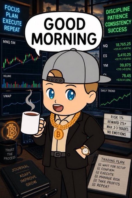 A cartoon character wearing a 'Good Morning' speech bubble, a backwards cap, and gold chains holds coffee, standing in front of stock charts displaying data for 'MNQ', with motivational text including 'FOCUS PLAN EXECUTE REPEAT' and 'DISCIPLINE PATIENCE CONSISTENCY SUCCESS'.