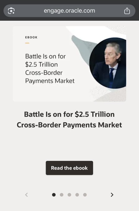 The image shows a promotional graphic for an Oracle ebook titled "Battle Is on for $2.5 Trillion Cross-Border Payments Market," featuring a headshot of a man in a suit. It includes a "Read the ebook" button and is hosted at engage.oracle.com, aligning with the accompanying post that highlights the massive $2.5 trillion cross-border payments opportunity discussed in partnership with $QNT.