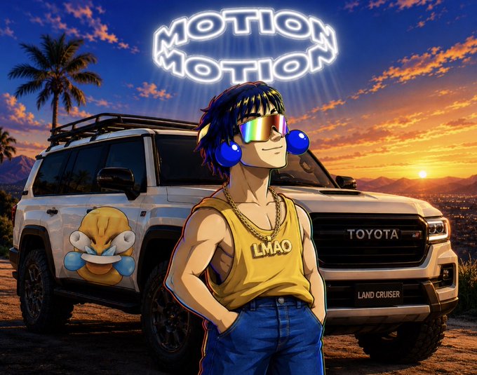 An anime-style illustration of a character wearing a 'LMAO' shirt and reflective sunglasses, standing in front of a Toyota Land Cruiser with 'MOTION MOTION' text overhead.