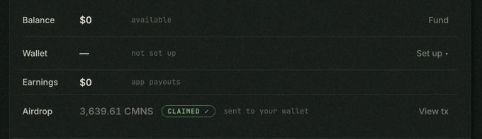A wallet dashboard interface showing a $0 balance, an unsetup wallet, $0 in earnings, and a claimed Airdrop of 3,639.61 CMNS tokens.