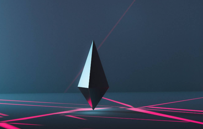 A geometric, diamond-like crystal floating above a dark, reflective floor intersected by glowing pink and red laser lines.