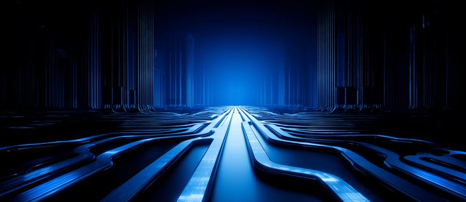 A futuristic blue digital landscape showing a glowing path with circuit-board-like lines leading toward a bright light in the distance, flanked by dark vertical structures.