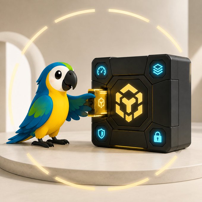 A 3D render of a blue and yellow parrot holding a gold bar, standing next to a black cube with glowing icons (speedometer, layers, shield, padlock) and a central geometric logo.