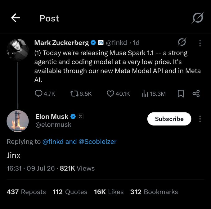 A social media post screenshot where Elon Musk (@elonmusk) replies 'Jinx' to Mark Zuckerberg's (@finkd) announcement of releasing the Muse Spark 1.1 coding model.