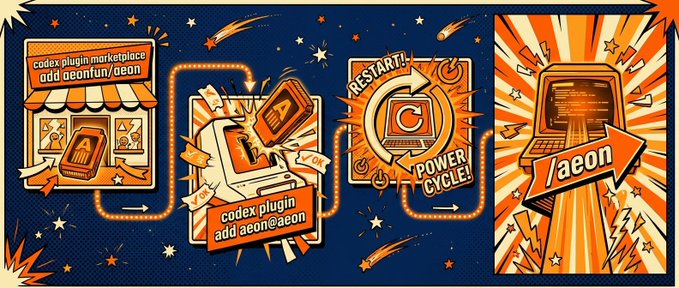 A vibrant orange and blue comic-style illustration showing a process flow with text including 'codex plugin marketplace add aeonfun/aeon', 'codex plugin add aeon@aeon', 'RESTART! POWER CYCLE!', and 'aeon' with arrows connecting the panels.