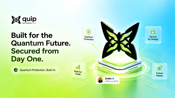 The image features a poster for Quip Network's Quantum Protection service. The poster displays a butterfly-shaped logo with a green background and black text that reads "Built for the Quantum Future. Secured from Day One." The poster also includes various symbols related to quantum computing, such as a shield and a rocket ship, along with bullet points explaining the features of Quip Network's service.