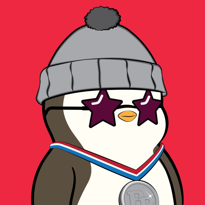A cartoon penguin wearing a gray knit beanie, star-shaped sunglasses, and a silver medal with a Bitcoin logo on a red background.