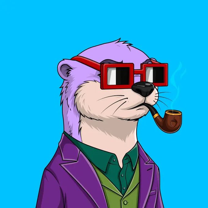 A cartoon illustration of a purple otter wearing red square sunglasses, a purple blazer, and a green shirt, smoking a pipe against a blue background.
