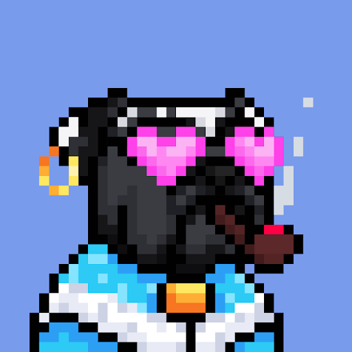 A pixel art black bulldog wearing pink heart-shaped sunglasses and a blue jacket stands against a light blue background, visually representing the "Pixel Bulldogs" mascot mentioned in the post about the $MUD ecosystem.