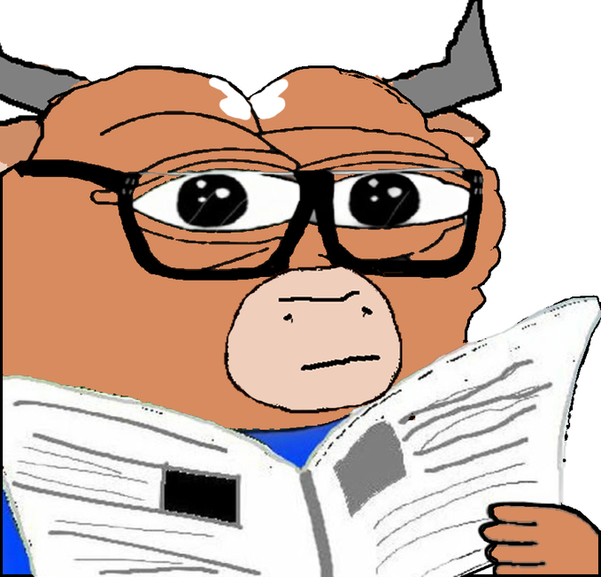 The image features a cartoon depiction of an anthropomorphized brown cow wearing glasses, holding a newspaper with both hands while looking down at it. The caption below the image reads "sometimes yall just be selling for no reason". This suggests that the image might be related to a marketing campaign or advertisement promoting a product or service, as the cow is dressed in a way that makes it appear like an advertisement for something.