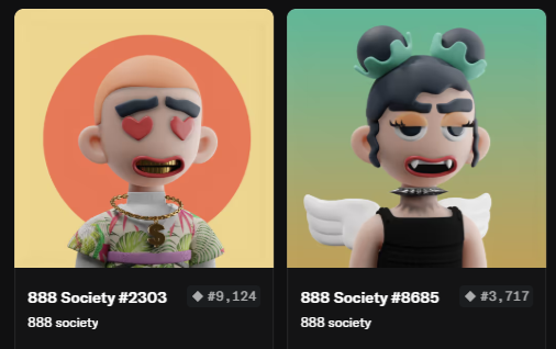 Two 3D-rendered NFT avatar cards from the '888 Society' collection (#2303 priced at 9,124 ETH and #8685 priced at 3,717 ETH), each labeled '888 society' below.