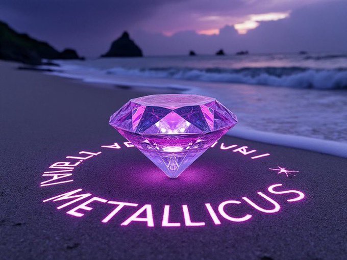 The image features a large, purple diamond sitting on a beach at sunset. The diamond has been lit up with purple light, creating an eye-catching display against the natural backdrop of the ocean and sky. The text "You hold gems $XPR METAL $MTL LOAN" is written around the diamond in white letters, possibly indicating that the image is related to a jewelry or gemstone business.