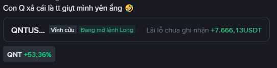 A chat message in Vietnamese asking about profit peace of mind, showing QNTUSDT at +7,666.13 USDT with a +53.36% gain for QNT.