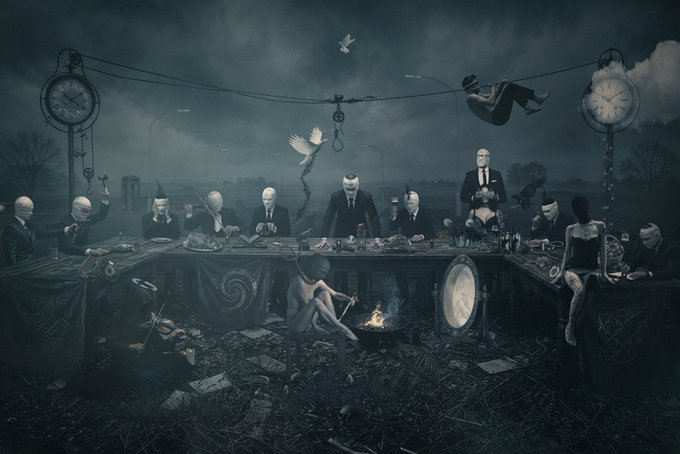 The image depicts a surreal, gothic scene of faceless figures in formal attire gathered around a long banquet table in a desolate, misty landscape, with symbolic imagery including a hanged man, a clock at midnight, a hooded figure by a fire, and a draped body—evoking themes of secrecy, ritual, and existential dread that align with the title "Feast of the Blind." The dark, dreamlike composition mirrors the NFT's cryptic and philosophical nature listed on the @objktcom marketplace.