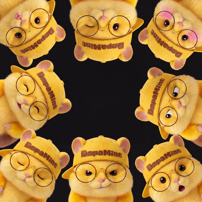 A collage of nine slightly rotated images of an orange fluffy cat wearing round glasses and a yellow hat reading 'DopaMint' against a black background.