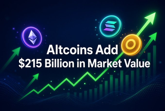 A graphic with the text 'Altcoins Add $215 Billion in Market Value', featuring icons of Ethereum, Solana, and another cryptocurrency coin against a background of rising green arrows and bar charts.
