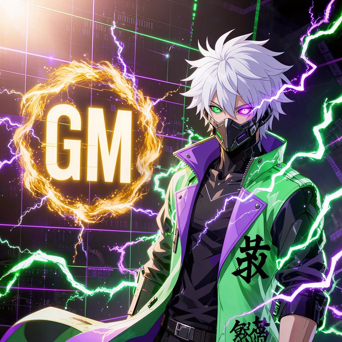 An anime-style character with white hair, a mask, and a green jacket featuring Japanese characters, posed next to a flaming 'GM' (Good Morning) symbol amid lightning effects.
