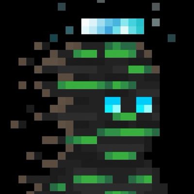 A pixel art enemy sprite featuring a dark brown textured body with green moss or vines, bright blue eyes, and a blue and white health bar displayed above it.